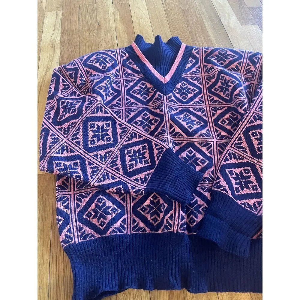 Vintage Obermeyer Women's Fair‎ Isle AOP Nordic Pink Wool Sweater Sz L Grandma
